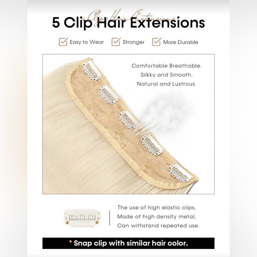 24” One-Piece Clip-In Hair Extension Platinum Blonde Straight Hair Natural look - Picture 13 of 14